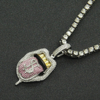Dollar Tongue Shape Pendant with Pink Crystal Cuban Chain Pi-Mart