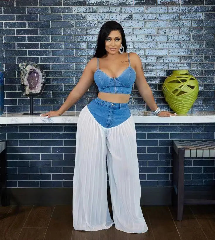 2 Piece Sets Women Sexy Denim Camisole Wide Leg Pants Patchwork Folds Slip Vest Floor Length Suit 2025 Summer Casual Outfits Purplish Diva