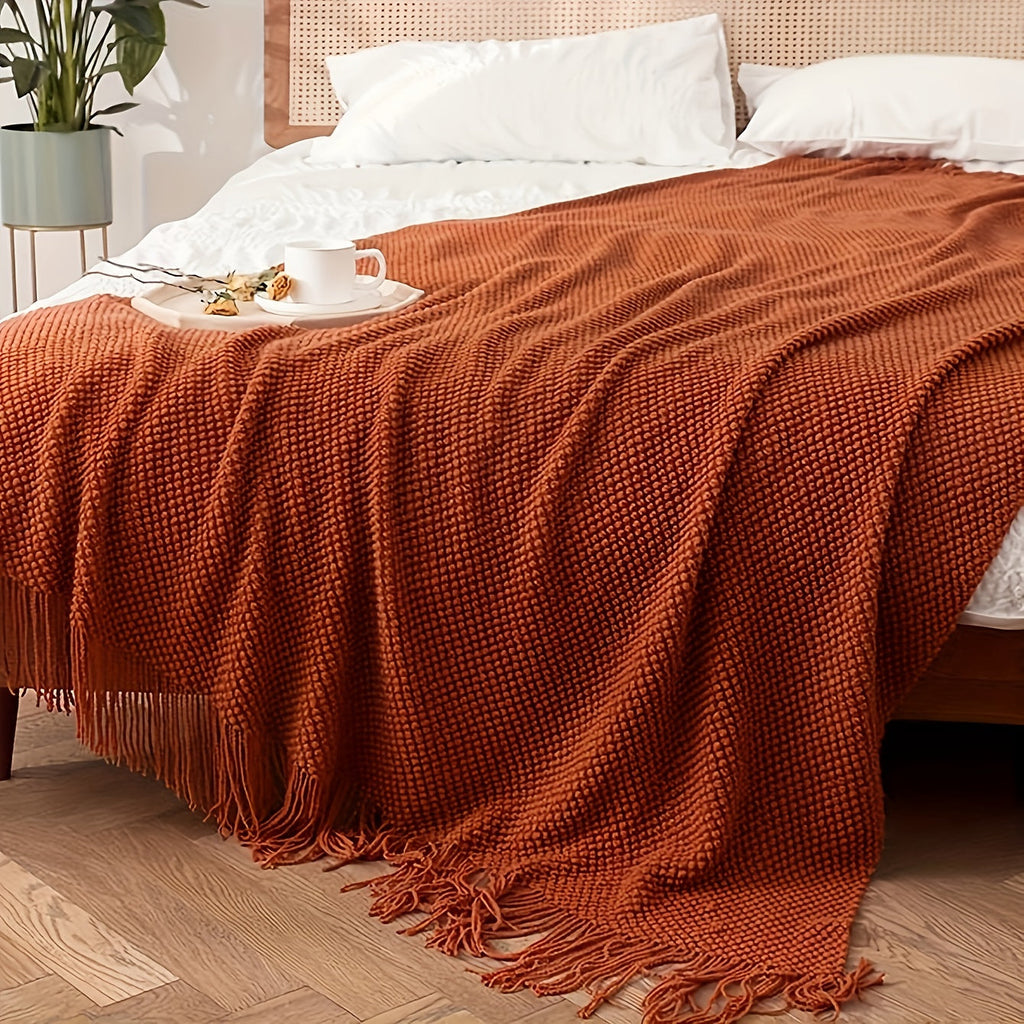 1pc Knit Throw Blanket Long Tassel Lightweight Blanket Bubble Textured Soft Blanket For Bed Couch Sofa Chair Outdoor Picnic All Season Use Orange Lootquake LLC