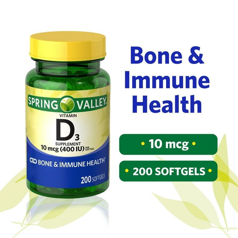 Spring Valley Vitamin D3 Supplement, 10 mcg (400 IU), 200 Softgels