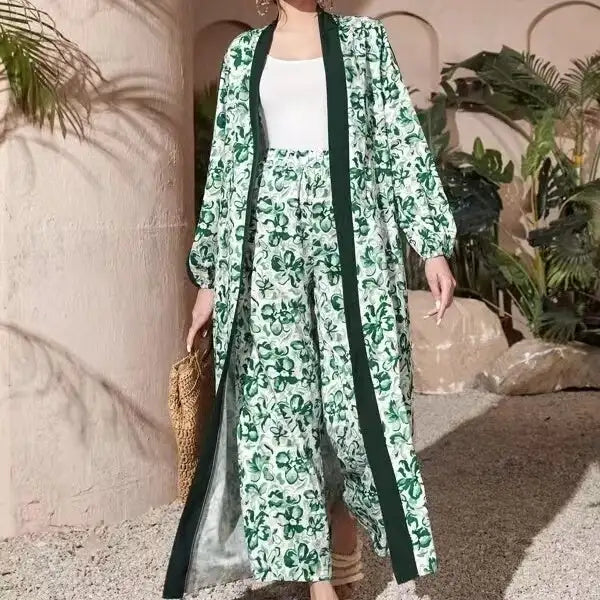 Two Piece Set Of Women's Contrasting Color Trimmed Floral Print Cardigan Jacket And Casual Loose Pants - SJB-DIAMOND ELITES