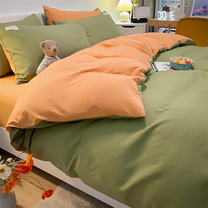 Pure Color Washed Cotton Four-piece Set Of Plaid Striped Sheets Quilt Cover Bedding Pi-Mart
