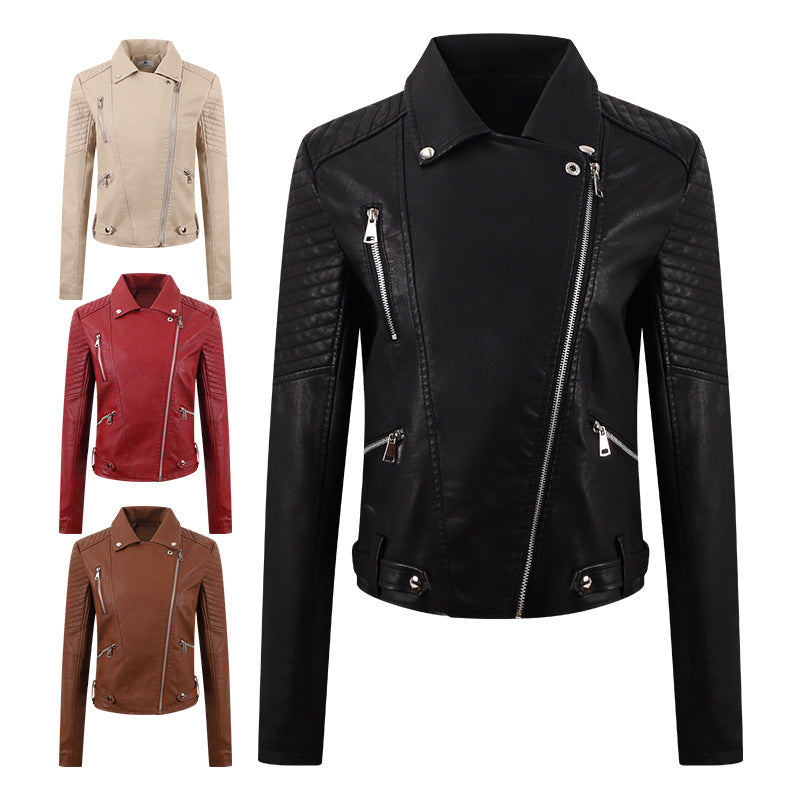 PU Women's Short Leather Oblique Pull Slim Motorcycle Clothing Washed Leather Jacket Pi-Mart