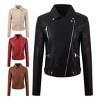 PU Women's Short Leather Oblique Pull Slim Motorcycle Clothing Washed Leather Jacket Pi-Mart