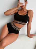 Bikini Scoop Neck High Waist 2 Piece Swimsuit for Women – Chic Solid Color Bikini Set with Contrast Band Detail – Stretchy Comfortable Flattering Swimwear for Beach Pool and Summer Vacation Stevvex