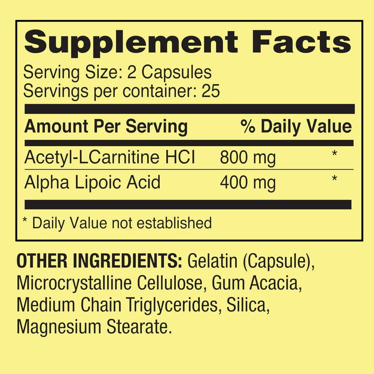 Spring Valley Acetyl L-Carnitine HCI 400 mg + Alpha Lipoic Acid 200 mg Capsules, 50 Count