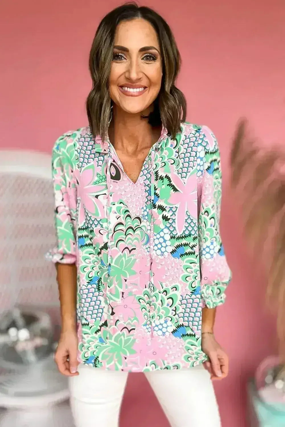 Green Floral V-Neck Blouse – Tied Detail & Loose Fit | Feminine Style - SJB-DIAMOND ELITES