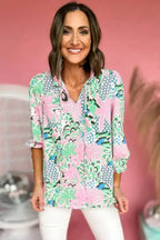 Green Floral V-Neck Blouse – Tied Detail & Loose Fit | Feminine Style - SJB-DIAMOND ELITES
