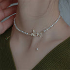 Rhinestone Butterfly Pendant Pearl Necklace Pi-Mart
