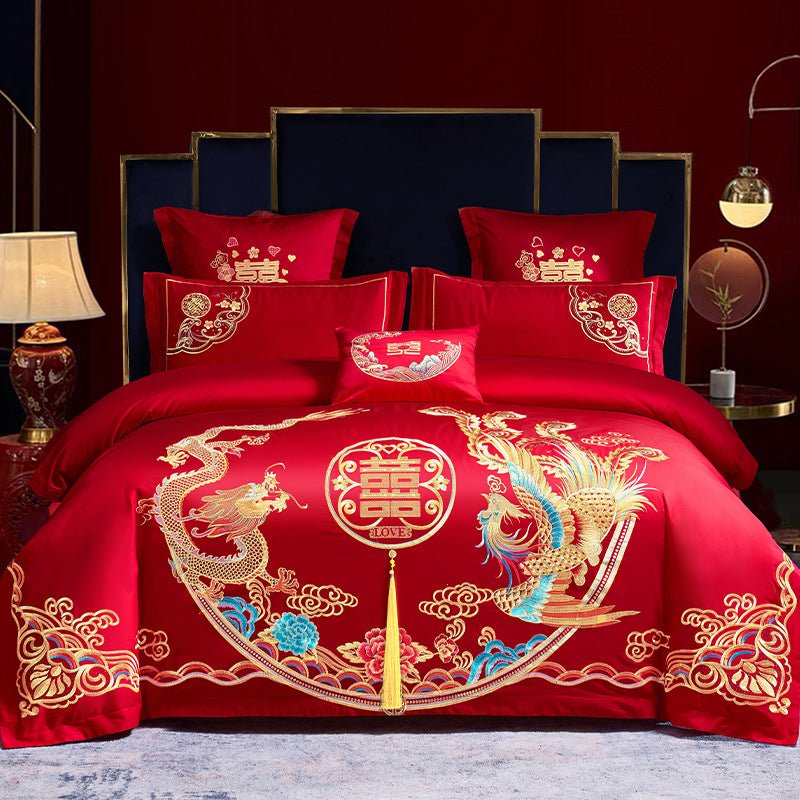 Red Wedding Four-piece Set Wholesale Cotton Wedding Embroidery Bedding Pure Cotton Marriage Bed Xi Quilt Cover Dragon And Phoenix Pi-Mart