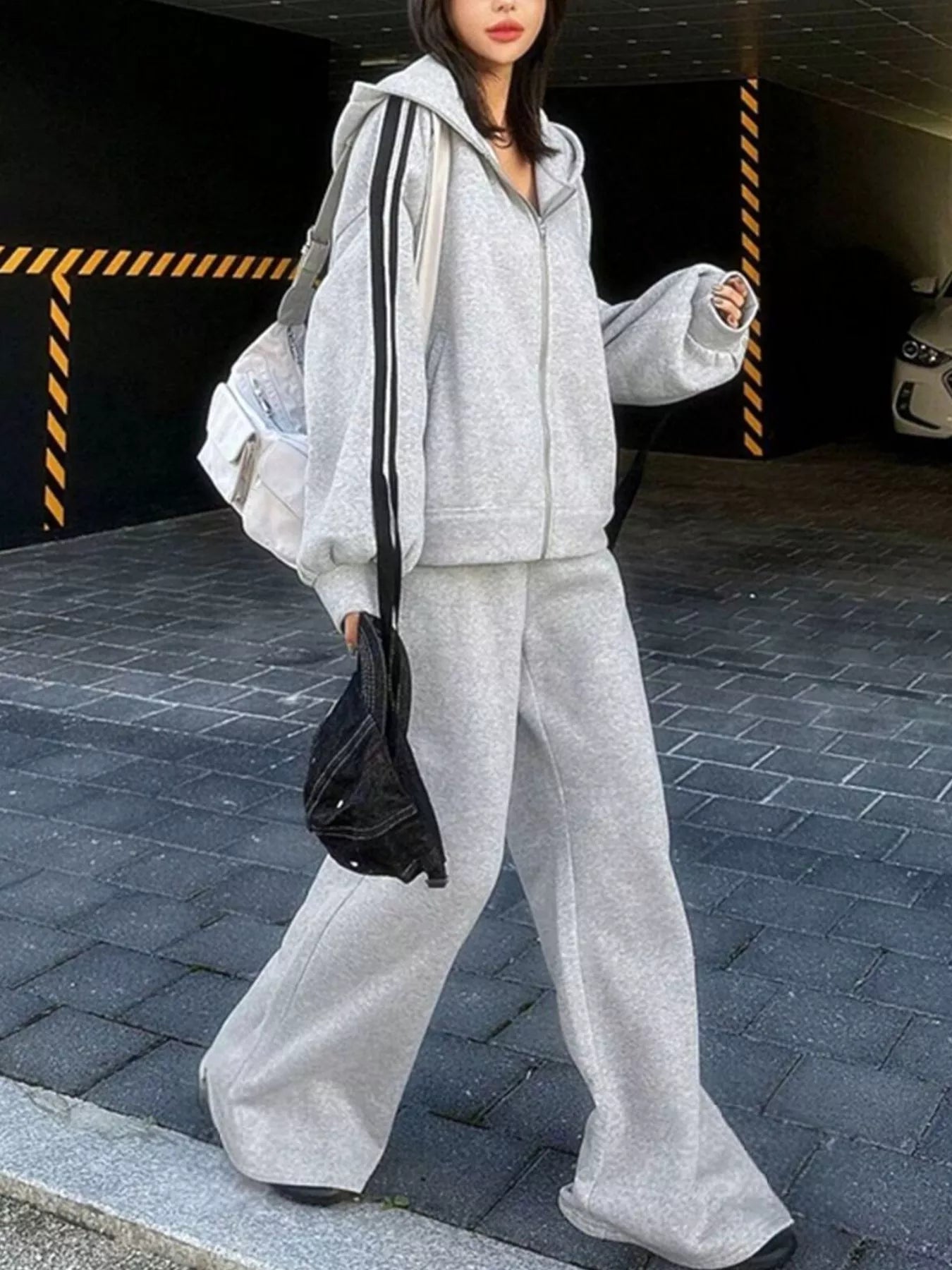 Side Striped Zip Up Hoodie and Pants Set THRIXINE