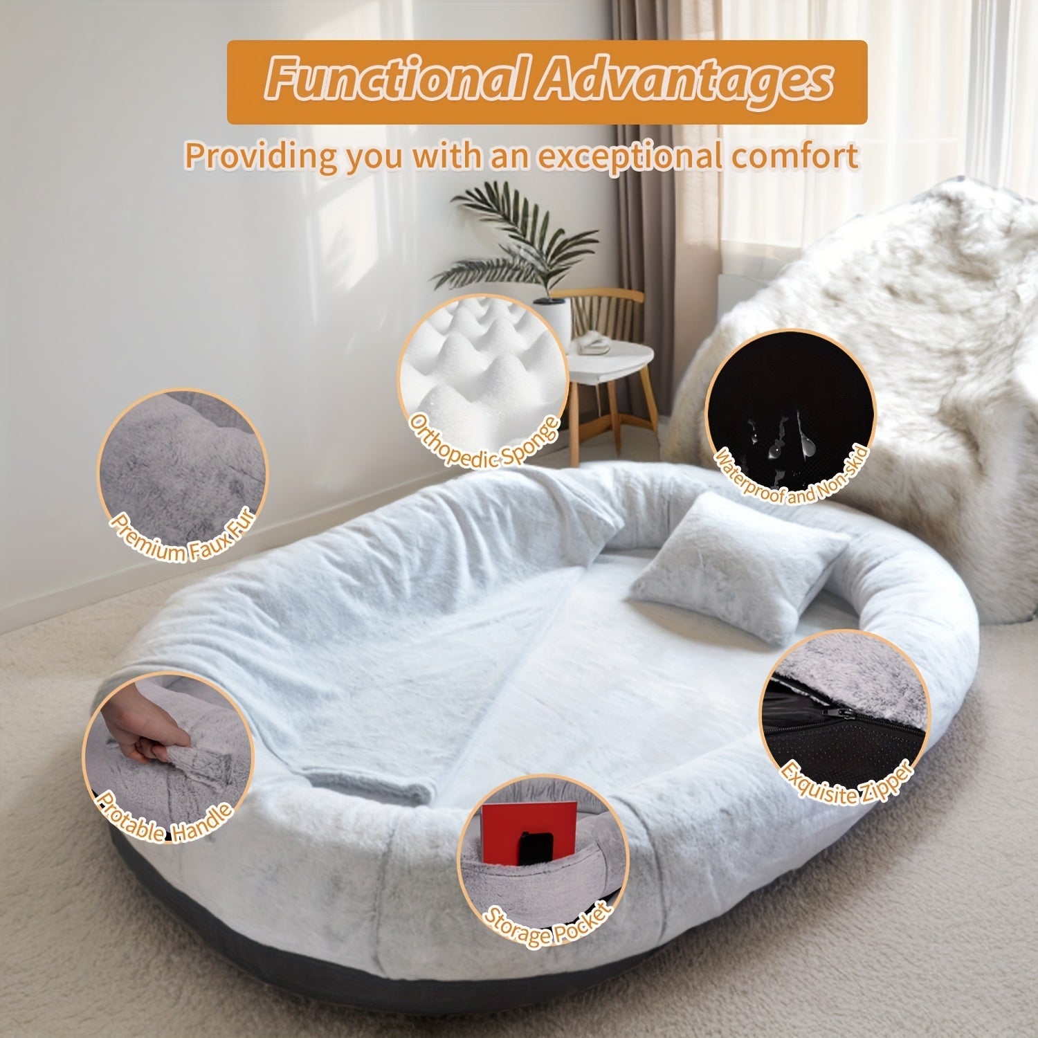 [Cozy Dog Bed] Orthopedic Faux Fur Dog Bed | Cozy Human-Sized Dog Bed For All Breeds - 71"x45"x14" With Blanket And Pillow, Washable, Includes Plush Pillow & Blanket Lootquake LLC