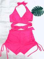 Coastal Curve Halter Bikini Set for Women – V-Neck Crisscross Drawstring Swimsuit with Chic Ring Detail & High-Waisted Boxer Shorts for Summer – Sleek Two-Piece Nylon Swimwear for Women’s Beach & Poolside Style