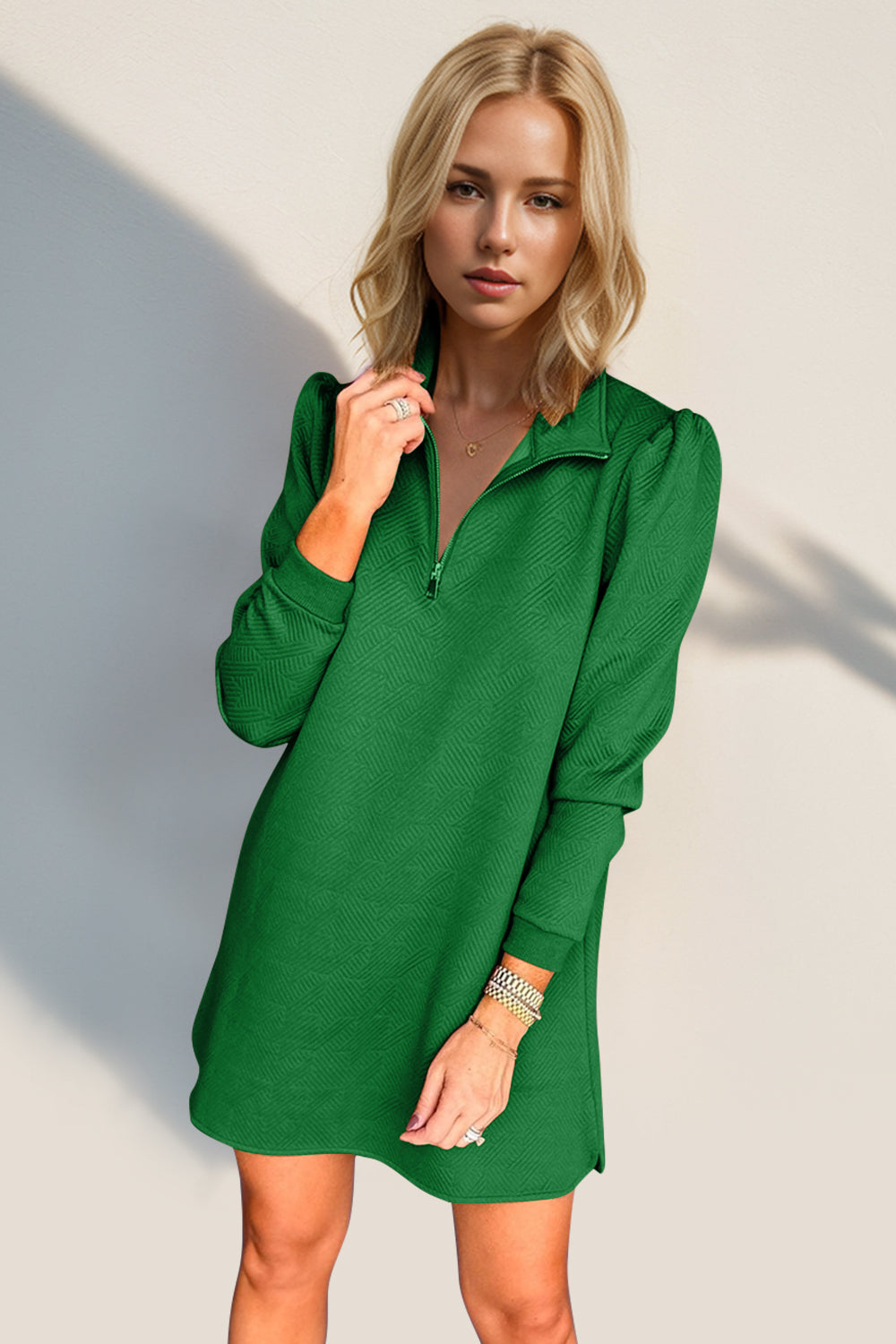 Double Take Textured Zip Long Sleeve Dress Classic Zip-Up Dress for Women Comfortable Outdoor Dress Stevvex