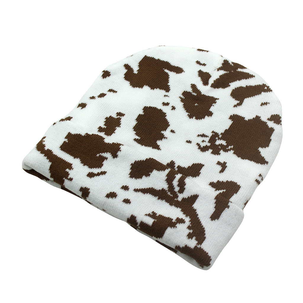 Winter Warm Cow Pattern Knitted Hat For Men And Women Curled Edge Woolen Hat