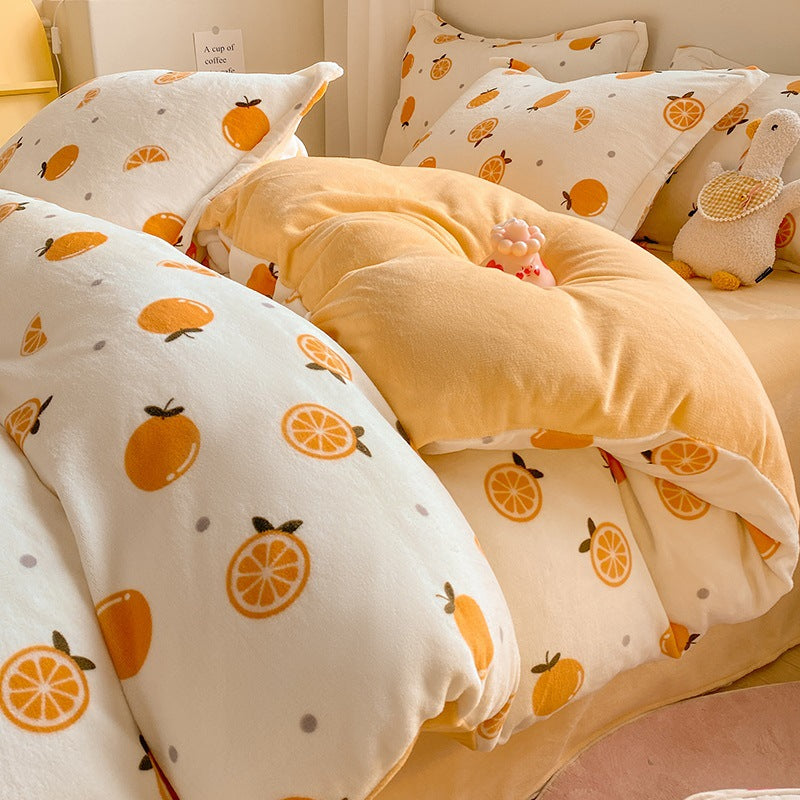 Winter Thickening Milk Fiber Bed Four-piece Coral Velvet Quilt Cover Flange Double-sided Bed Sheet Three-piece Bedding Pi-Mart
