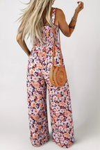 Purple Floral Square Neckline Stretch High Waist Jumpsuit
