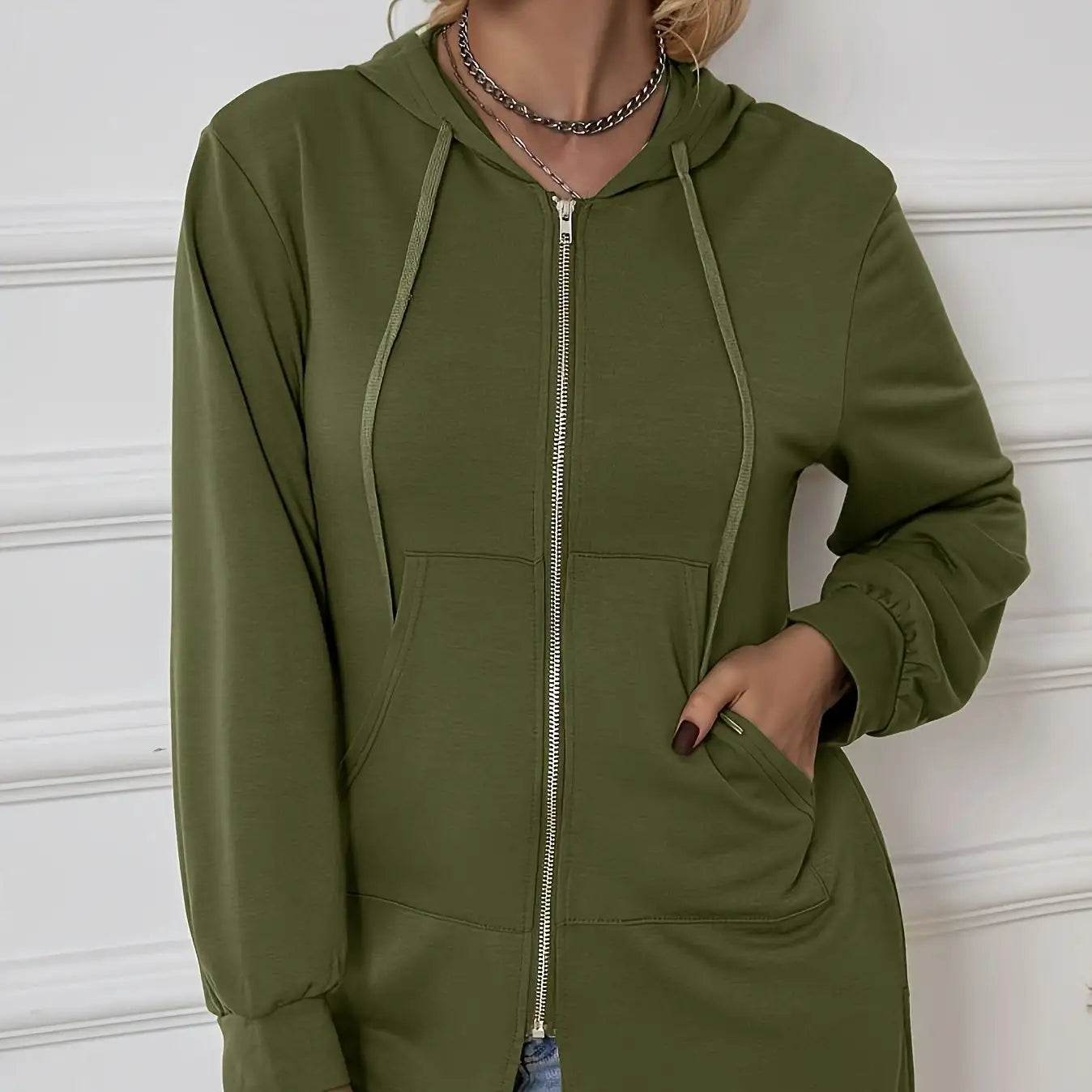 Women's Military Green Casual Sports Hooded Sweatshirt With Drawstring Zipper Jacket, Lightweight Top - SJB-DIAMOND ELITES