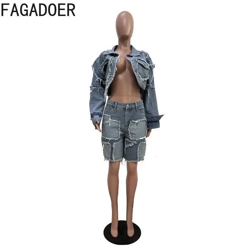 FAGADOER Summer New Fashion Denim 2 Piece Sets Woman Outfit Long Sleeves Patchwork Crop Jacket + Short Female Streetwear New Purplish Diva