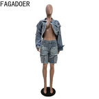 FAGADOER Summer New Fashion Denim 2 Piece Sets Woman Outfit Long Sleeves Patchwork Crop Jacket + Short Female Streetwear New Purplish Diva