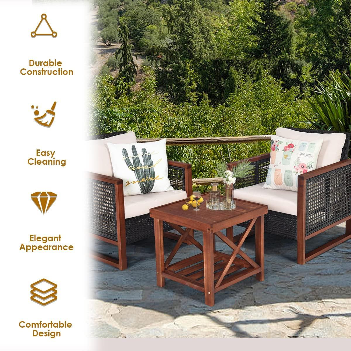 3 Pieces Outdoor Patio Furniture Set Wicker Chairs with Coffee Table, Balcony Porch Furniture Bistro Set with Wood Frame and Washable Cushions for Garden Poolside Backyard Lootquake LLC