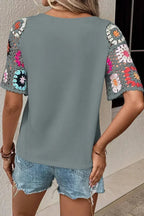 Geometric Round Neck Short Sleeve Blouse | Femstylo