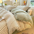 Nordic Striped Coral Fleece Duvet Cover Flannel Sheet Cover Three-piece Set Pi-Mart