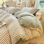 Nordic Striped Coral Fleece Duvet Cover Flannel Sheet Cover Three-piece Set Pi-Mart