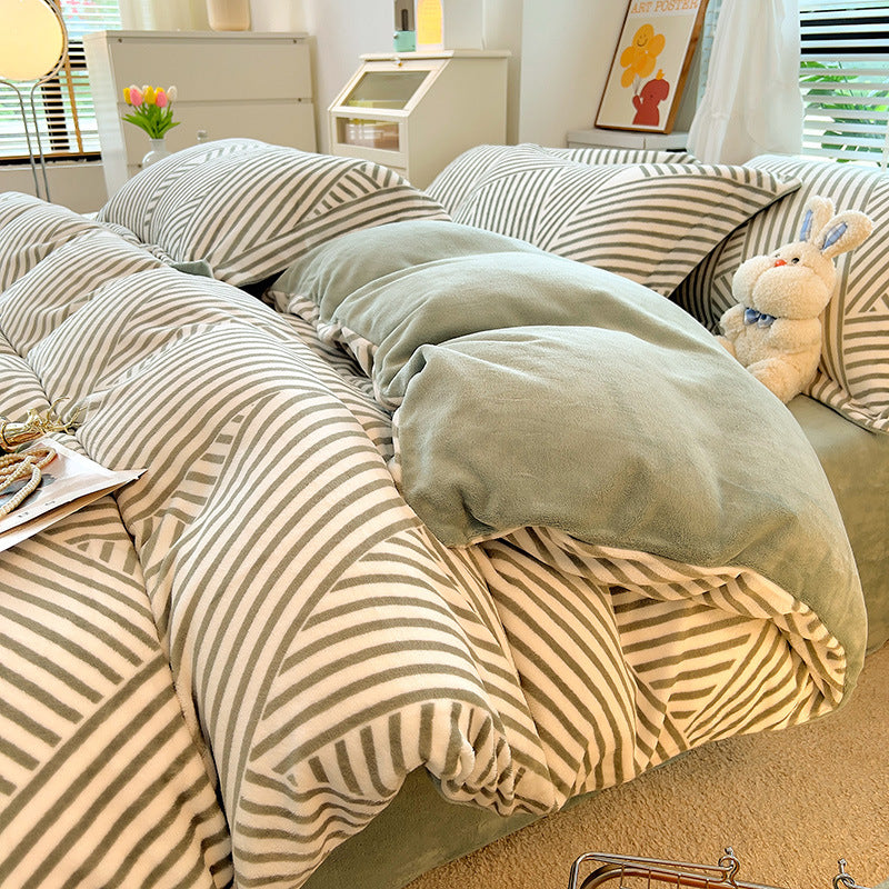 Nordic Striped Coral Fleece Duvet Cover Flannel Sheet Cover Three-piece Set Pi-Mart