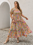 Plus Size Printed V-Neck Short Sleeve Maxi Dress Elegant & Flowy Summer Dress For Girls Stevvex
