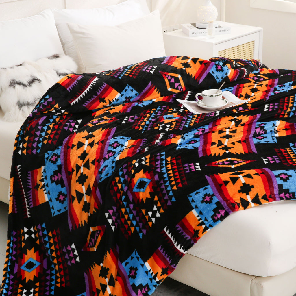 1pc Southwest Native American Flannel Polyester Throw Double-side Printed Blanket, Aztec Geometry Pattern Travel Couch Bed Blanket Plush Soft Lightweight Blanket For All Season Lootquake LLC