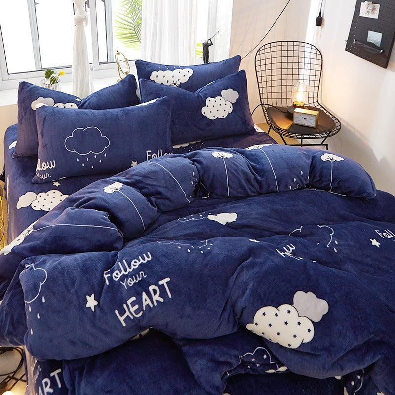 Flannel Bed Sheet Cover, Quilt Cover, Pillowcase And Bedding Set Of 4 Pi-Mart