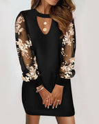 Long-sleeved V-neck Dress Spring And Autumn Lace Splicing Dress For Womens Clothing