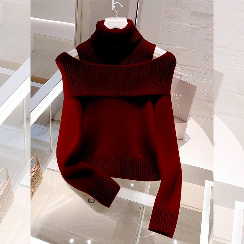 Soft Glutinous Idle Style Off-the-shoulder Bulky Turtleneck In Apricot Sweater Pi-Mart