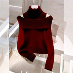 Soft Glutinous Idle Style Off-the-shoulder Bulky Turtleneck In Apricot Sweater Pi-Mart