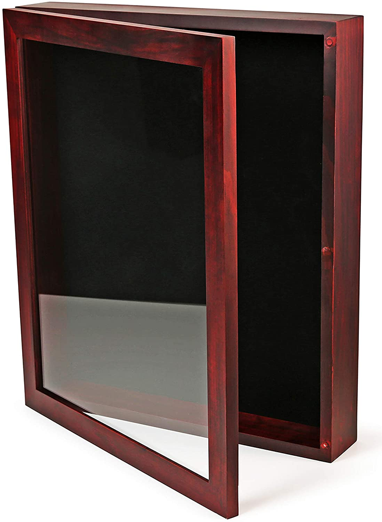 Shadow Box Display Case | Magnetically Opens and Closes like a Door - Real Wood, Strong Glass, Linen Background | Cherry Red The Military Gift Store