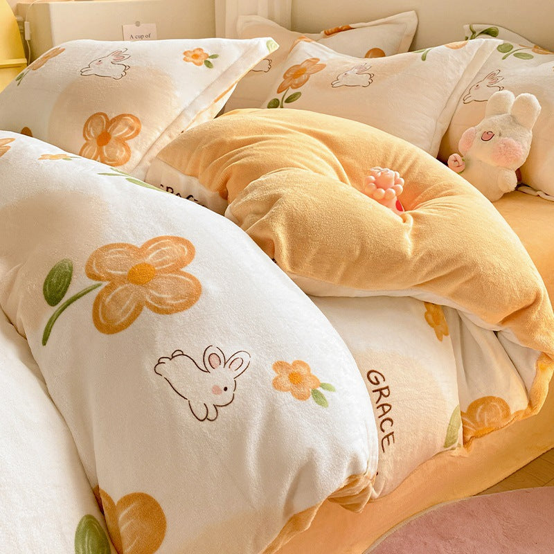 Winter Thickening Milk Fiber Bed Four-piece Coral Velvet Quilt Cover Flange Double-sided Bed Sheet Three-piece Bedding Pi-Mart