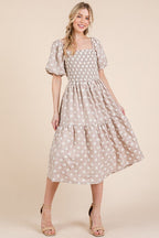 New Floral Embroidered Smocked Puff Sleeve Tiered Midi Dress For Women Elegant,Charming and Feminine Floral Embroidered Midi Dress with Puff Sleeves and Tiered Design