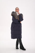 Rei Genuine Fur Trim Hooded Down Coat in Navy - SJB-DIAMOND ELITES