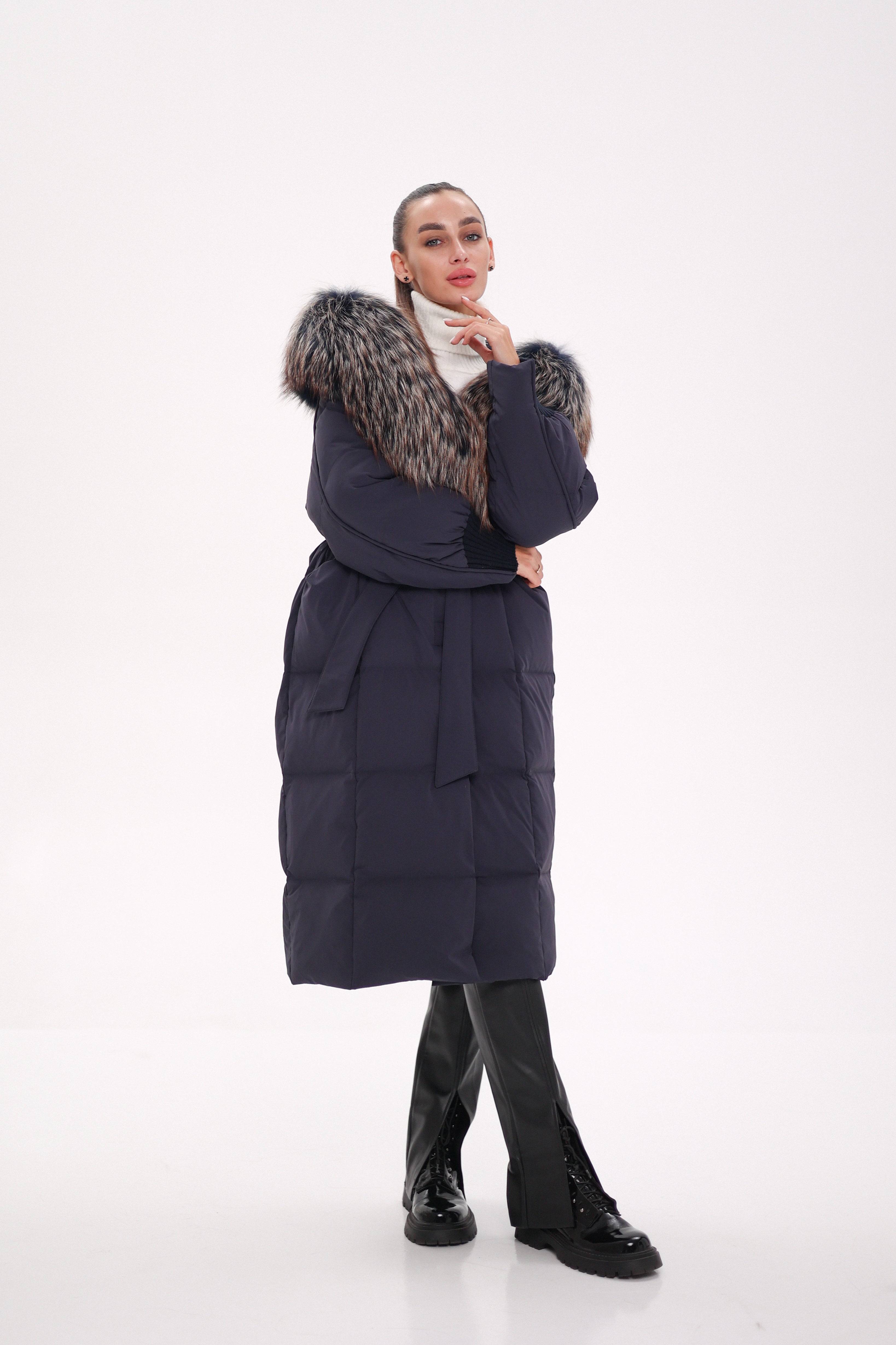 Rei Genuine Fur Trim Hooded Down Coat in Navy - SJB-DIAMOND ELITES