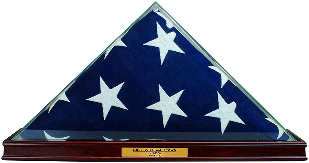 All Glass Flag Display Case for 9.5' X 5' Flag with Engraving (Cherry) The Military Gift Store
