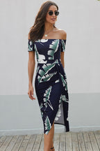 Charming Printed Off-Shoulder Midi Dress with Slit Classy & Feminine Look