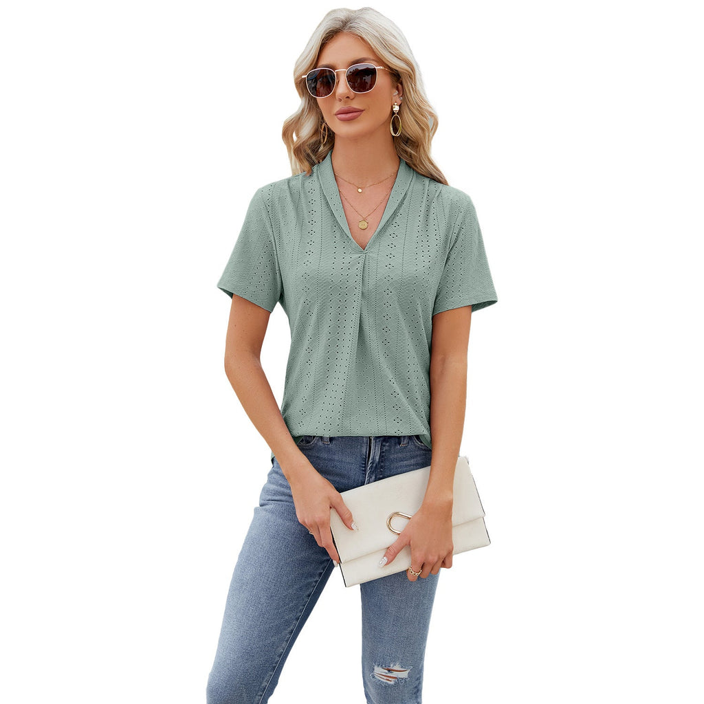V-neck Hollow Design T-shirt Summer Loose Short-sleeved Top For Womens Clothing Pi-Mart