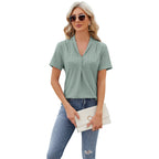 V-neck Hollow Design T-shirt Summer Loose Short-sleeved Top For Womens Clothing Pi-Mart