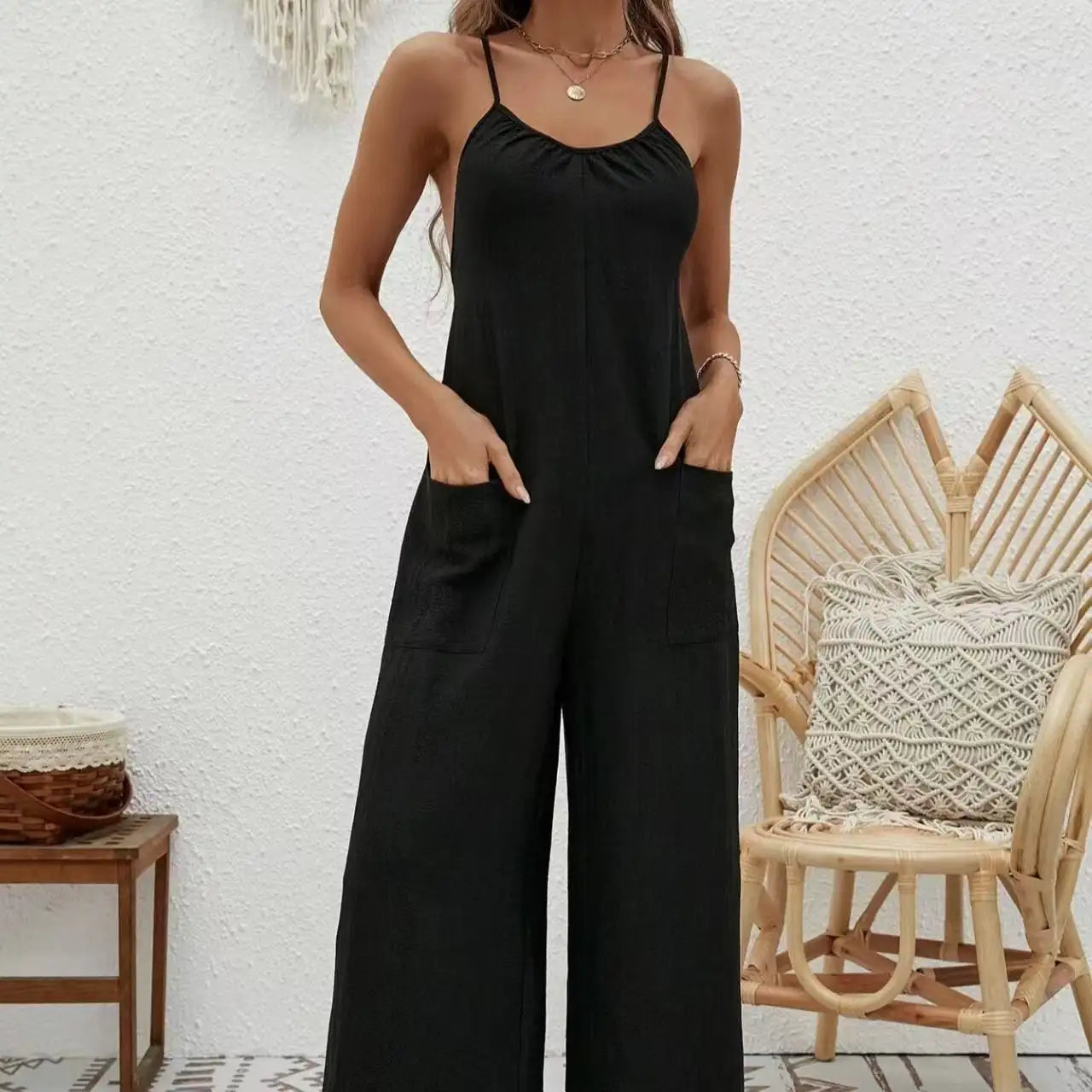 Ladies' Cross Leisure Vacation Lazy Backless Wide Leg Pants Camisole Skirt Jumpsuit - SJB-DIAMOND ELITES