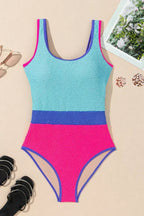 Rose Red Textured Colorblock One Piece Swimsuit