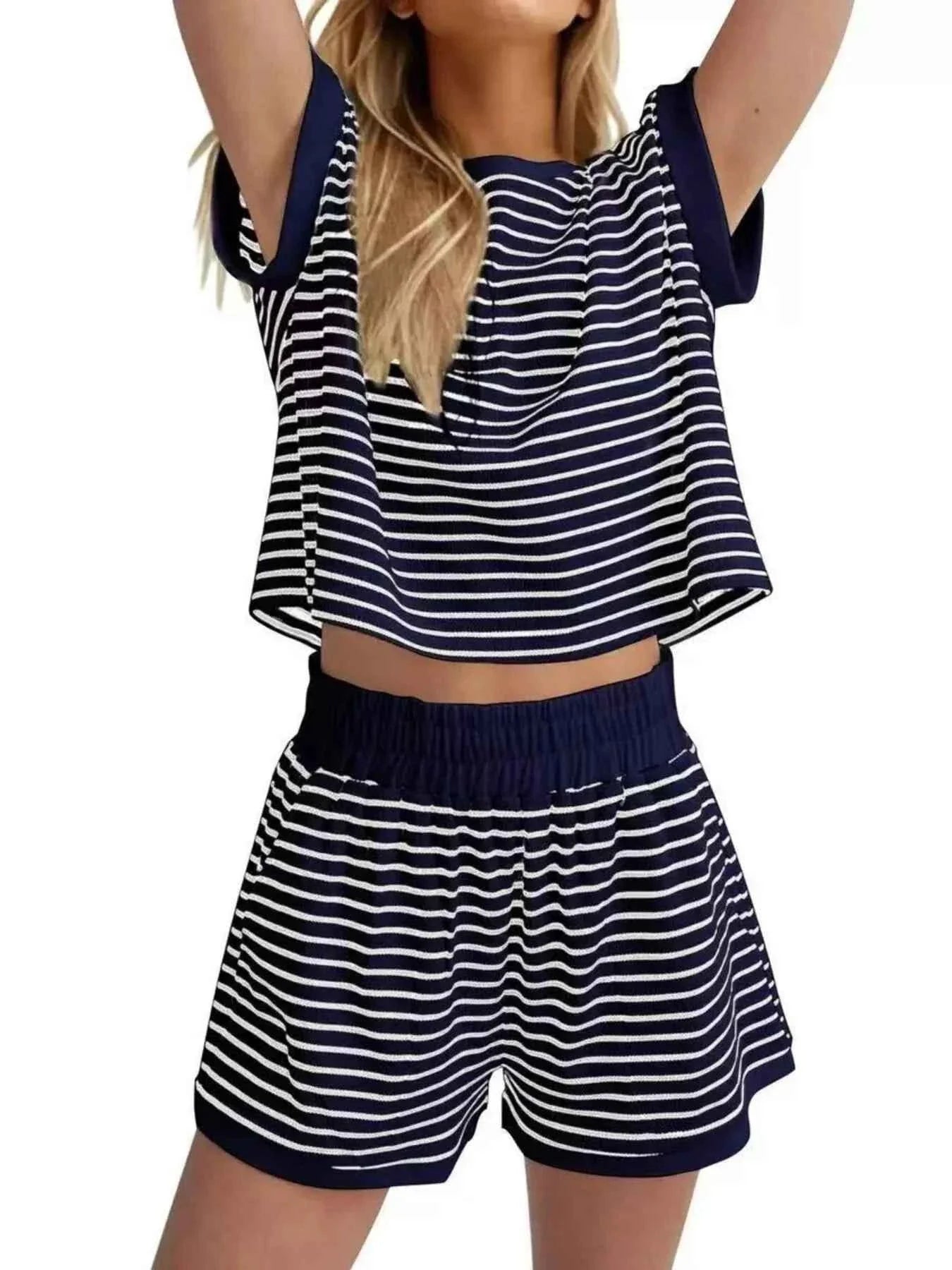 Striped Chic: Plus Size Top & Shorts Set THRIXINE
