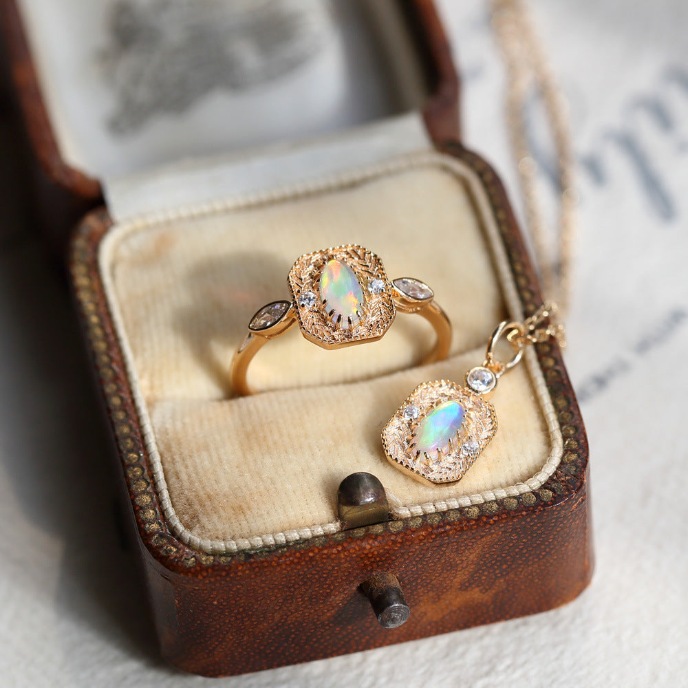 S925 Silver Wheat Ear Of Rice Opal Opal Ring Light Luxury Jewelry Pi-Mart