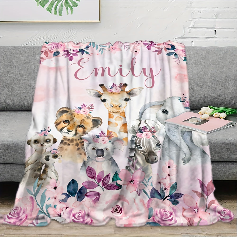 1pc Custom Flannel Blanket, Personalized Cartoon Animal Print Custom Your Name Flannel Blanket, Soft And Warm Memorable Moments Commemorative Blanket, Great Holiday Gift For Classmates, Friends, Family And Lovers, Used For Na