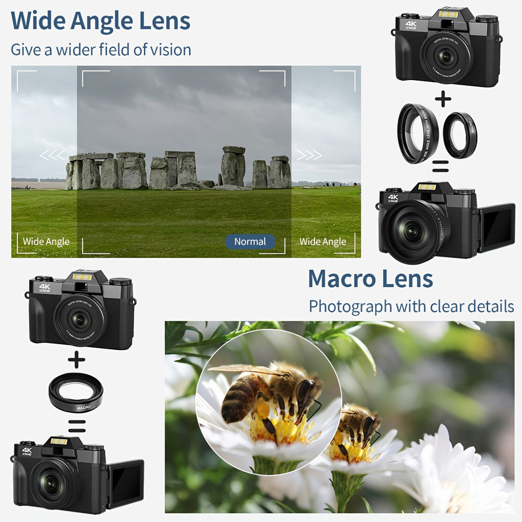 4K Digital Camera for Photography Auto-Focus 56MP Vlogging Camera, Support 16X Digital Zoom 3 Inch 180° Flip Screen, Comes with 52mm Wide Angle & Macro Lens and 32G Memory Card a 1500mAH Battery Lootquake LLC